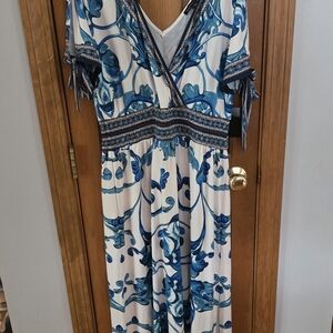 Boston Proper Blue and White Maxi Sundress with Flutter Sleeves